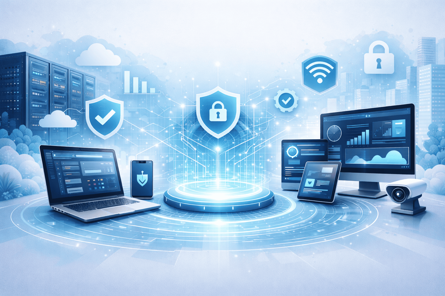 Endpoint management dashboard showing secure devices including laptop, mobile, server, and surveillance system with cybersecurity protection icons